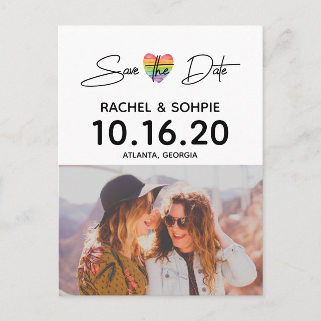 Rainbow Heart Save the Date Announcement Postcard (Front)