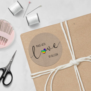 Rainbow Heart Script Hand Lettered Made With Love Classic Round Sticker