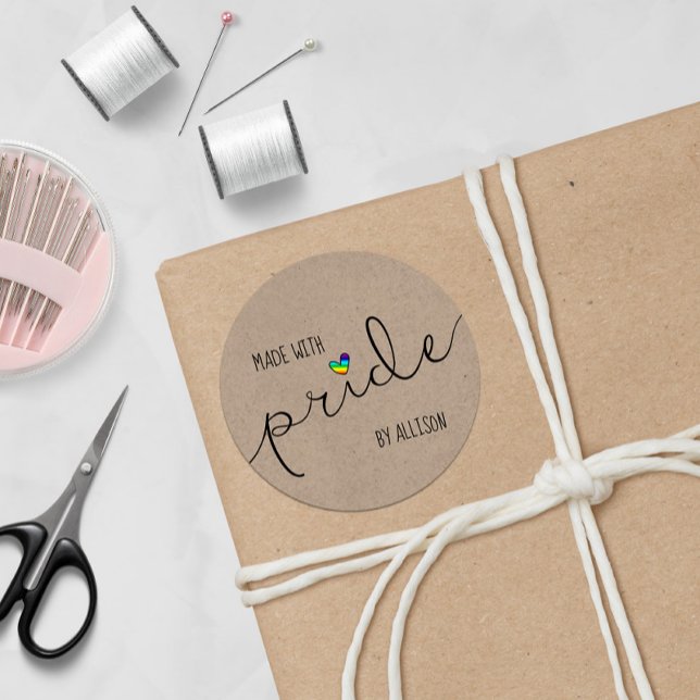 Rainbow Heart Script Typography Made With Pride Classic Round Sticker (Creator Uploaded)