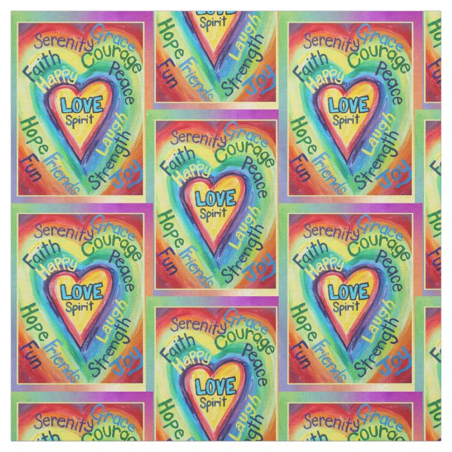 Rainbow Heart Spirit Words Fabric Art Material (Swatch)