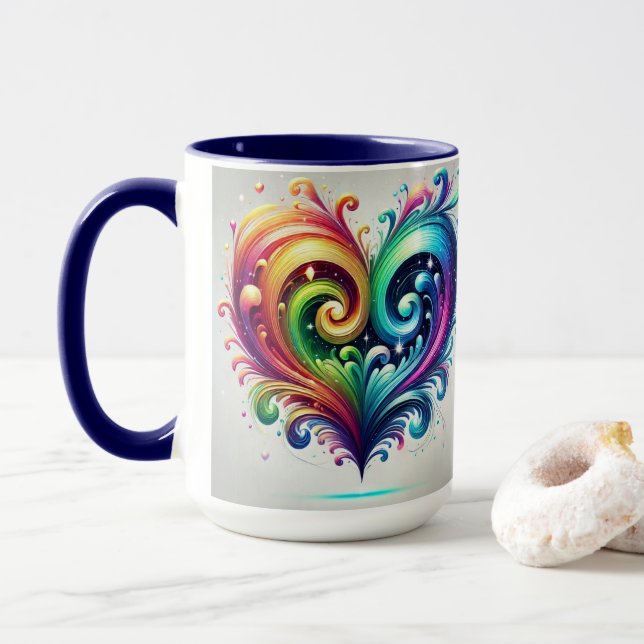 Rainbow Heart Swirling Bright Colours  Mug (With Donut)