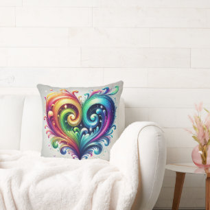 Rainbow Heart Swirling Bright Colours  Throw Pillow