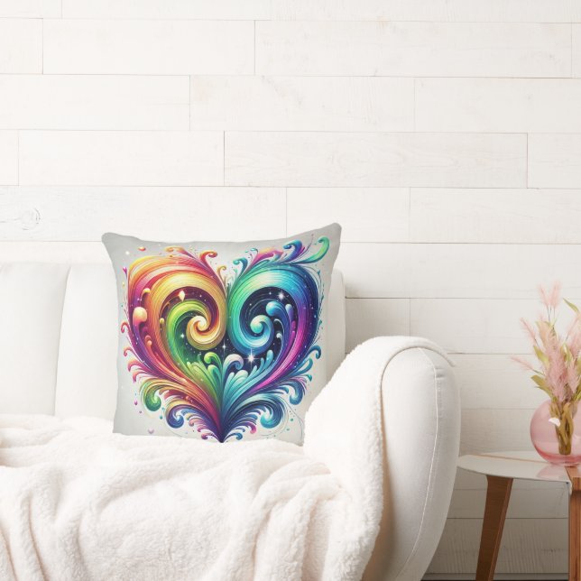 Rainbow Heart Swirling Bright Colours  Throw Pillow (Couch)