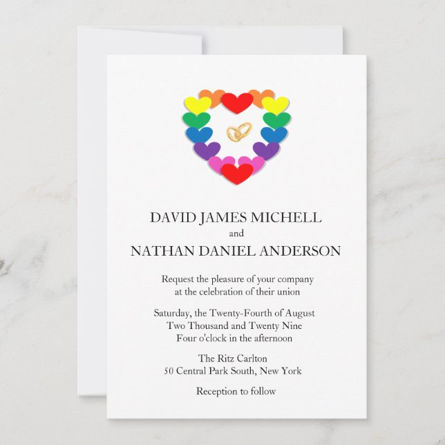 Rainbow Heart Wedding Rings Gay Marriage Invitation (Front)