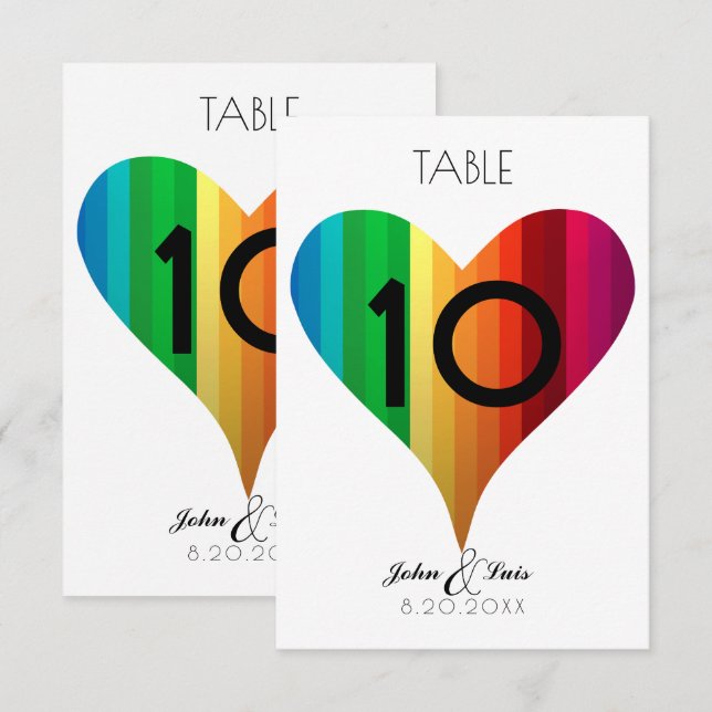 Rainbow Heart Wedding Table Number (Front/Back)