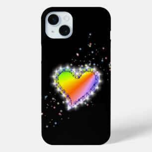 Rainbow Heart with Stars on black iPhone 15 Mini Case