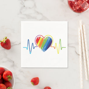 Rainbow Heartbeat   Abstract Scribble Heart Napkin