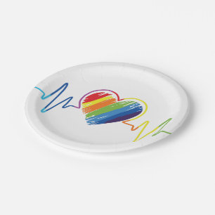 Rainbow Heartbeat   Abstract Scribble Heart Paper Plate