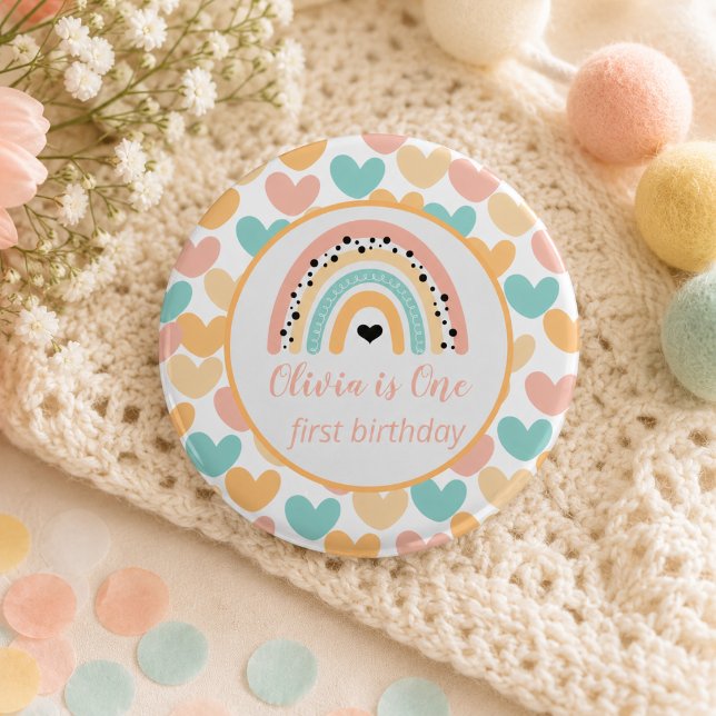 Rainbow & Hearts 1st Birthday Party 1 Inch Round Button (Rainbow & Hearts 1st Birthday Party Button)