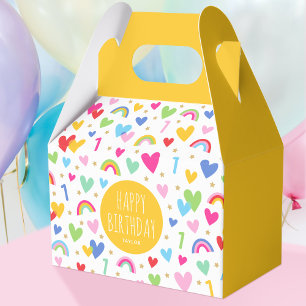 Rainbow Hearts 1st Birthday Party Name Yellow Favor Box