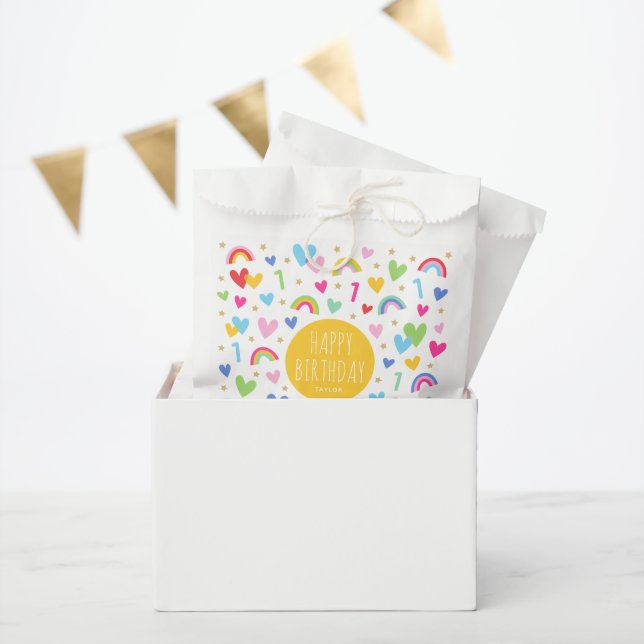 Rainbow Hearts 1st Birthday Party Name Yellow Favour Bag (Party)