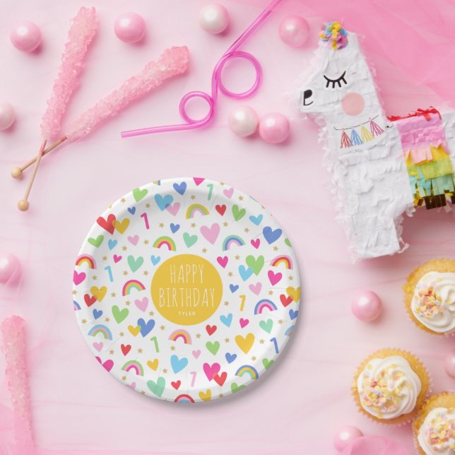 Rainbow Hearts 1st Birthday Party Name Yellow Paper Plate (Party)