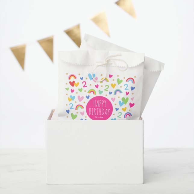 Rainbow Hearts 2nd Birthday Party Custom Name Pink Favour Bag (Party)