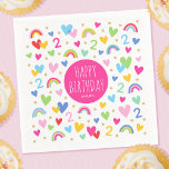Rainbow Hearts 2nd Birthday Party Custom Name Pink Napkin<br><div class="desc">Celebrate the magic of turning two with these cute and colourful paper napkins! A fun template, with the phrase "Happy Birthday" in trendy script lettering, and personalized with your child's name. Colourful rainbows, hearts, stars, and the all-important birthday age are repeated throughout the design. Perfect for celebrating kids' 1st, 2nd,...</div>