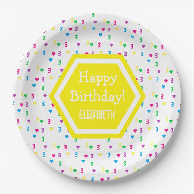 Rainbow Hearts 3rd Birthday Paper Plate (Front)