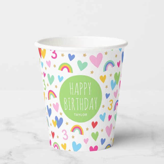 Rainbow Hearts 3rd Birthday Party Green Custom Paper Cups (Front)