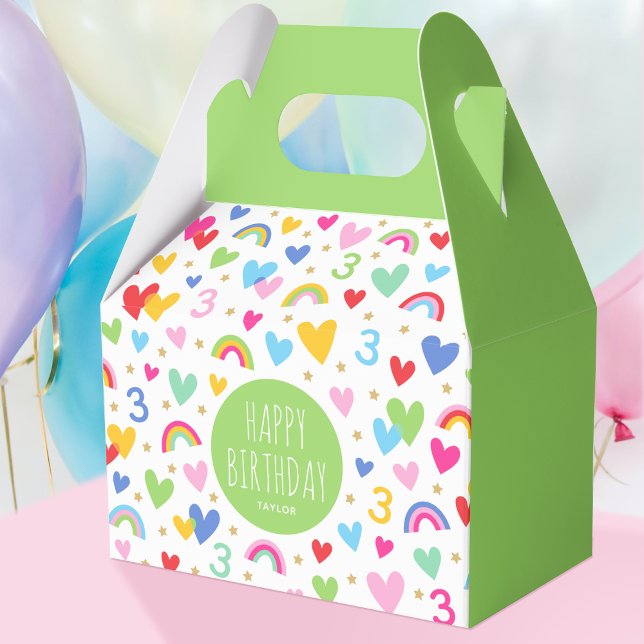 Rainbow Hearts 3rd Birthday Party Name Green Favor Box (Creator Uploaded)