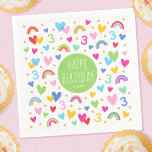 Rainbow Hearts 3rd Birthday Party Name Green Napkin<br><div class="desc">Celebrate the magic of turning three with these cute and colourful paper napkins! A fun template, with the phrase "Happy Birthday" in trendy script lettering, and personalized with your child's name. Colourful rainbows, hearts, stars, and the all-important birthday age are repeated throughout the design. Perfect for celebrating kids' 1st, 2nd,...</div>