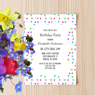 Rainbow Hearts 4th Birthday Invitation