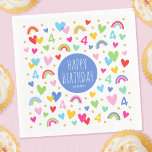 Rainbow Hearts 4th Birthday Party Custom Name Blue Napkin<br><div class="desc">Celebrate the magic of turning four with these cute and colourful paper napkins! A fun template, with the phrase "Happy Birthday" in trendy script lettering, and personalized with your child's name. Colourful rainbows, hearts, stars, and the all-important birthday age are repeated throughout the design. Perfect for celebrating kids' 1st, 2nd,...</div>