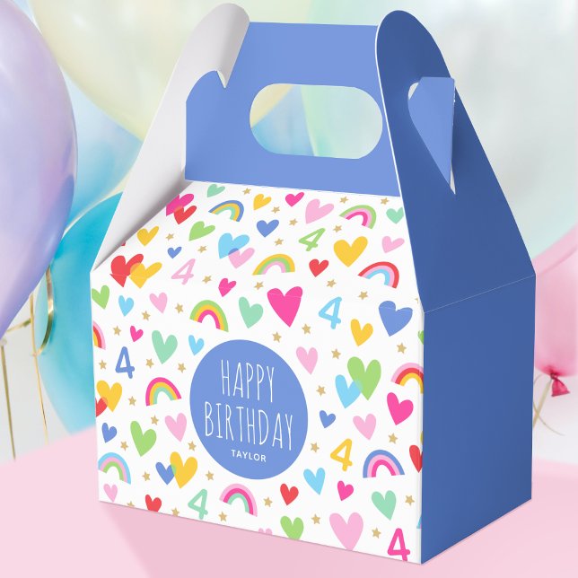Rainbow Hearts 4th Birthday Party Name Blue Favor Box (Creator Uploaded)