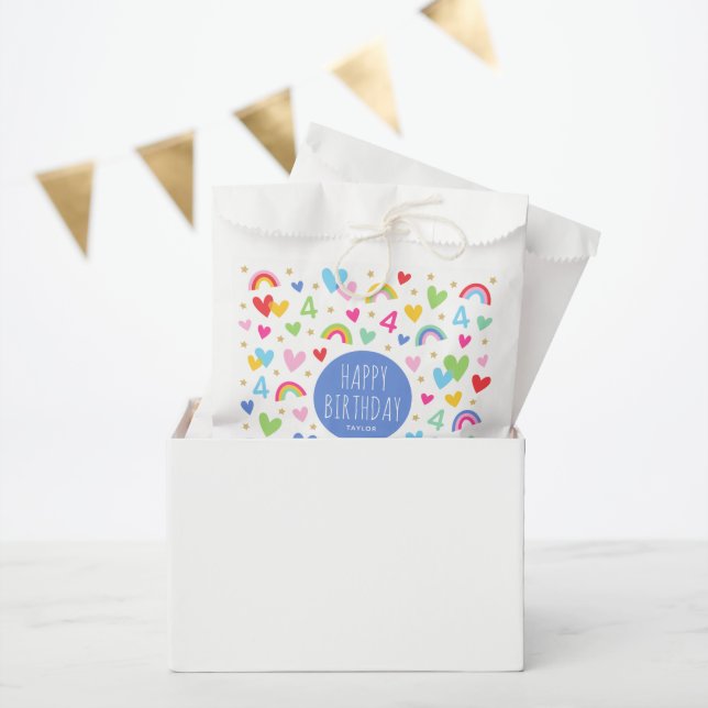 Rainbow Hearts 4th Birthday Party Name Blue Favour Bag (Party)