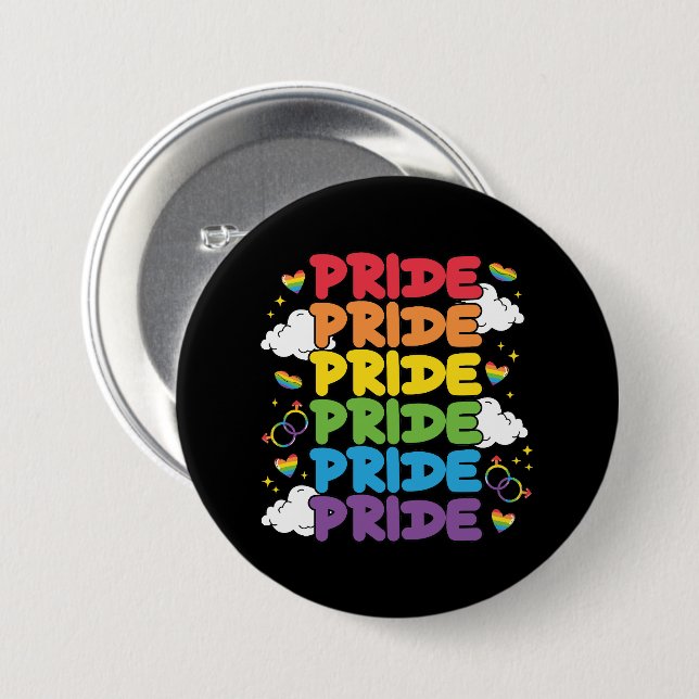 Rainbow, Hearts and Clouds - Repeated Pride 3 Inch Round Button (Front & Back)