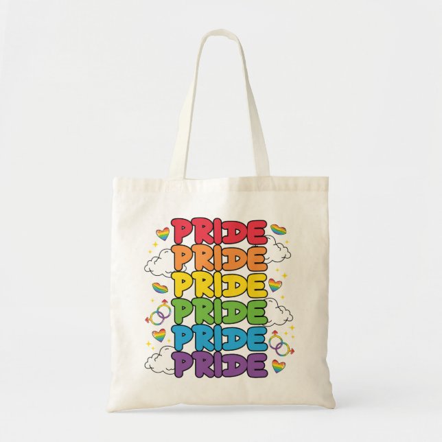 Rainbow, Hearts and Clouds - Repeated Pride Tote Bag (Front)