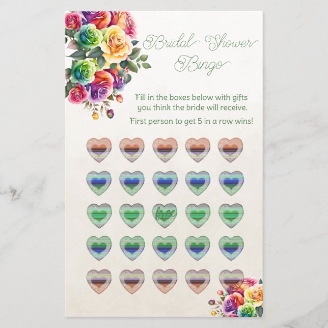 Rainbow Hearts and Roses Bridal Shower Bingo Flyer (Front)