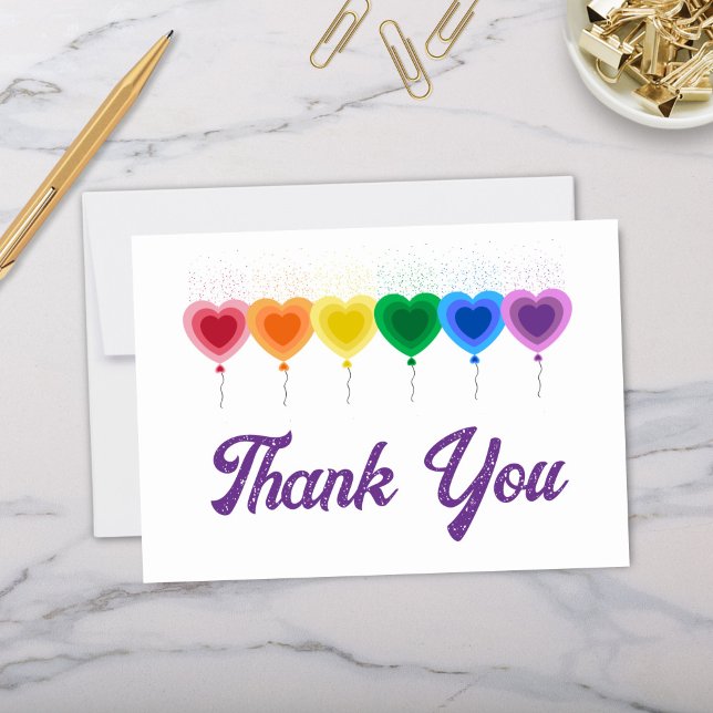Rainbow Hearts Balloons pliés Merci Cartes (Cute heart shaped balloons in rainbow color scheme personalized folded thank you cards)