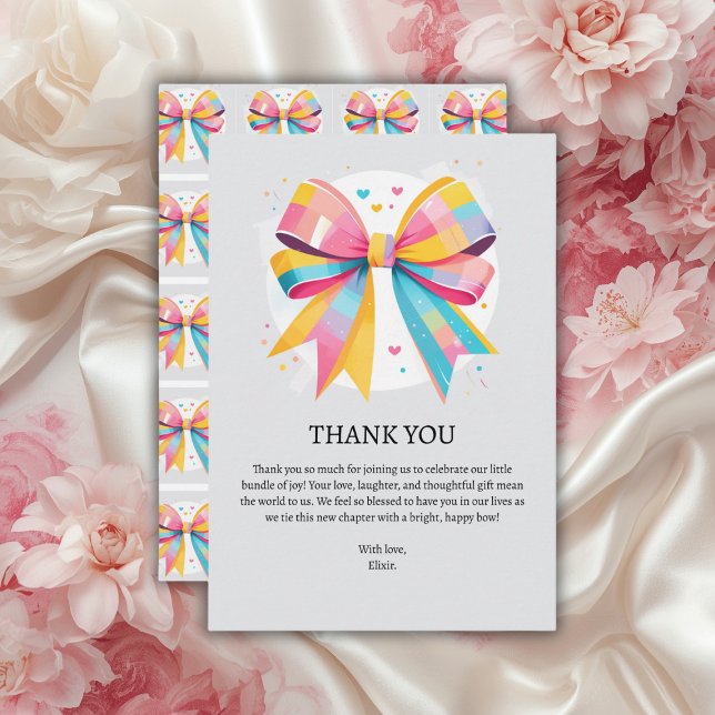Rainbow Hearts Bow Baby Shower Thank You Card (Creator Uploaded)