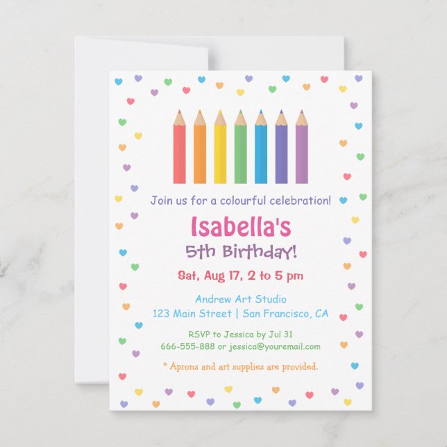 Rainbow Hearts Colouring Pencils Arts Birthday Invitation (Front)