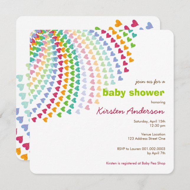 Rainbow Hearts Fun Sprinkles Whimsical Baby Shower Invitation (Front/Back)