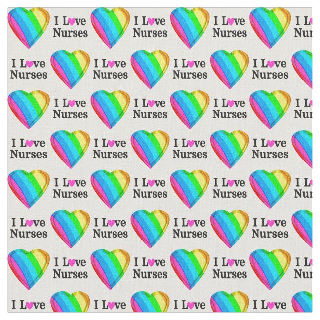 RAINBOW HEARTS I LOVE NURSES FABRIC (Close Up)