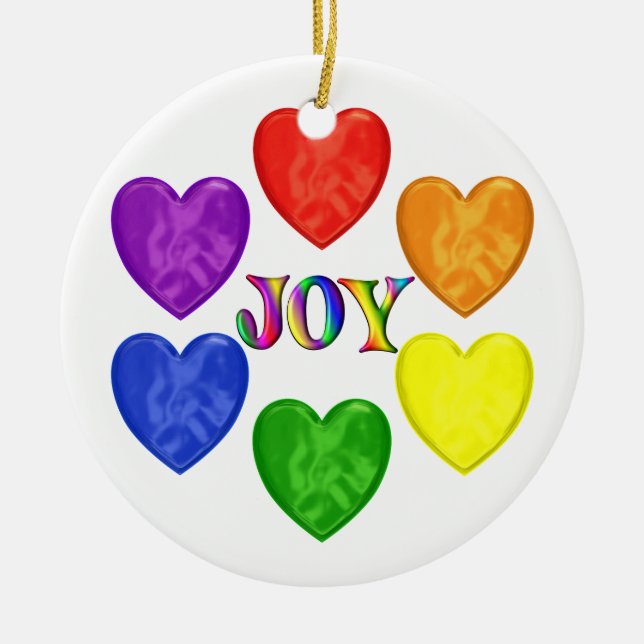 Rainbow Hearts Joy Ceramic Ornament (Front)