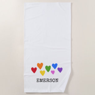 Rainbow Hearts Kids NAME Colourful Love Art Fun Beach Towel
