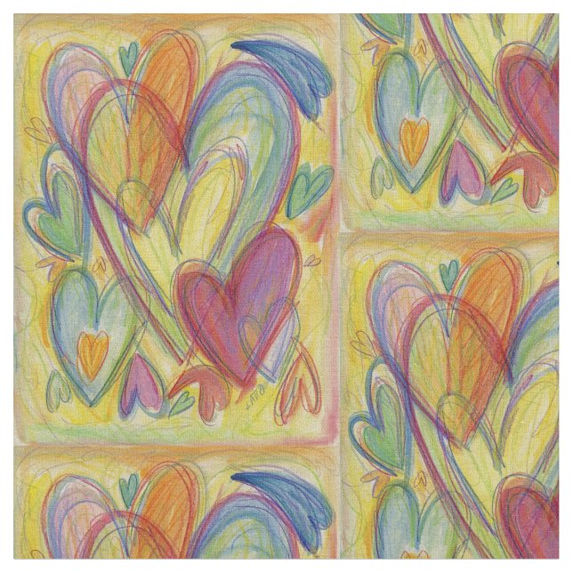 Rainbow Hearts Love Art Fabric Material (Close Up)