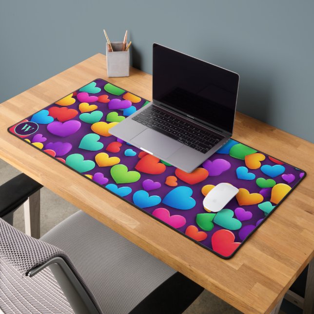 Rainbow Hearts Monogram  Desk Mat (Office 2)