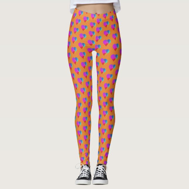 Rainbow Hearts on Orange Leggings (Front)