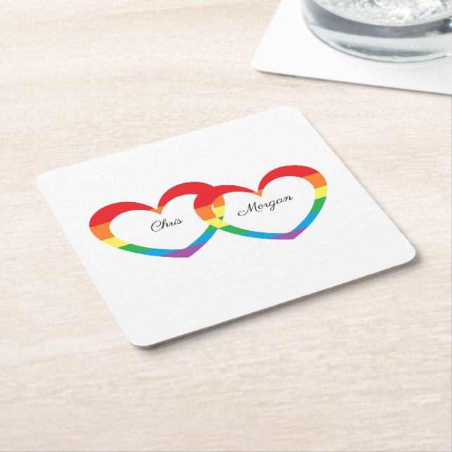 "Rainbow Hearts" Personalized Paper Coasters (Angled)