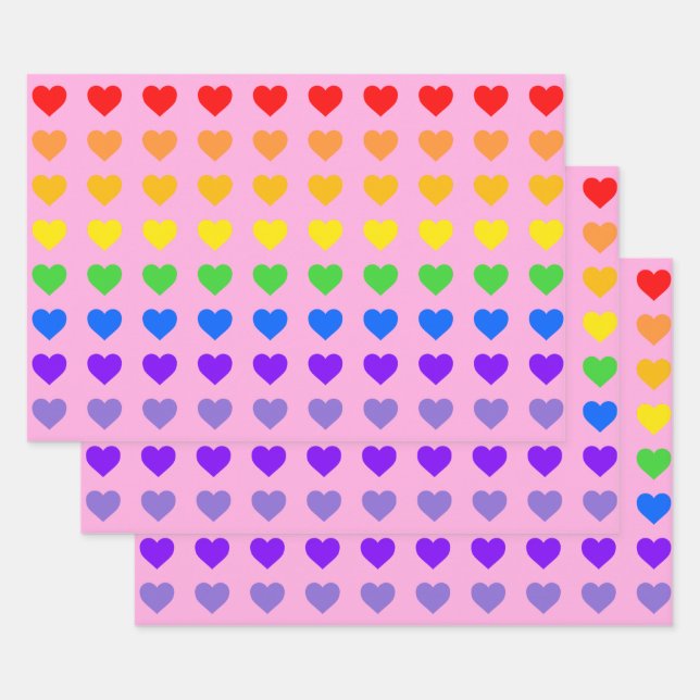 Rainbow Hearts Pink Background Wrapping Paper Sheet (Set)