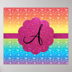 Rainbow hearts pink glitter monogram poster