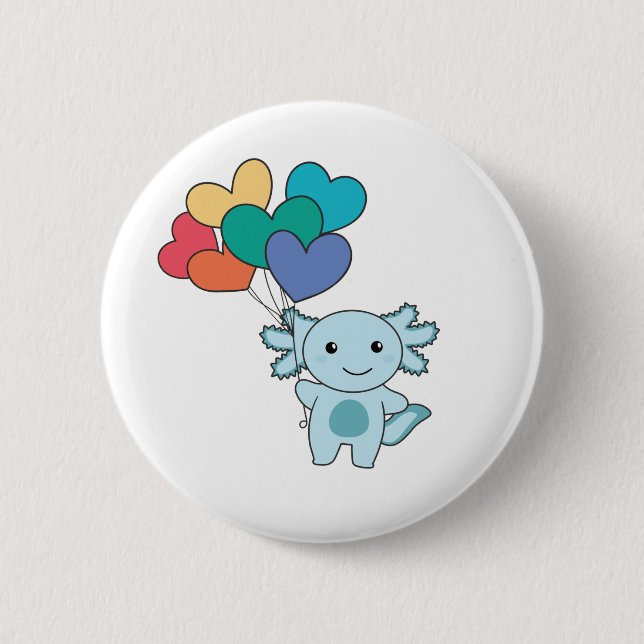 Rainbow Hearts Pride Lgbtq Balloons Axolotl Button (Front)