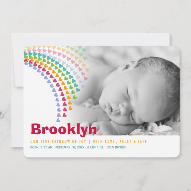 Rainbow Hearts Sprinkles Baby Birth Announcement (Front)
