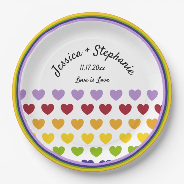 Rainbow Hearts Stripes Patterned Personalized Paper Plate (Front)