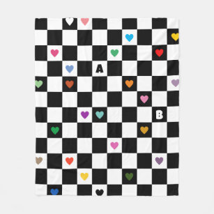 Rainbow Hearts Two Letter Black White Chequerboard Fleece Blanket