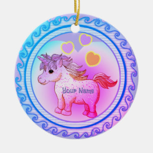Rainbow Hearts Unicorn  Ceramic Ornament