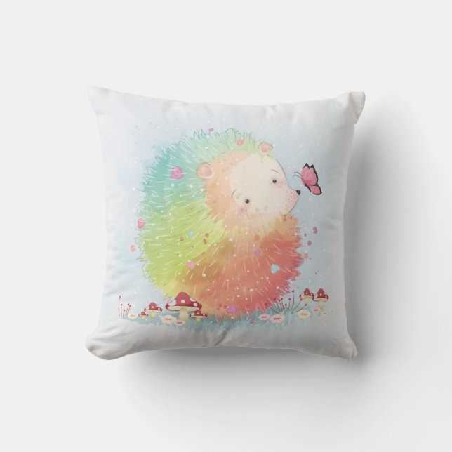 Rainbow Hedgehog Watercolor Violets Throw Pillow (Front)