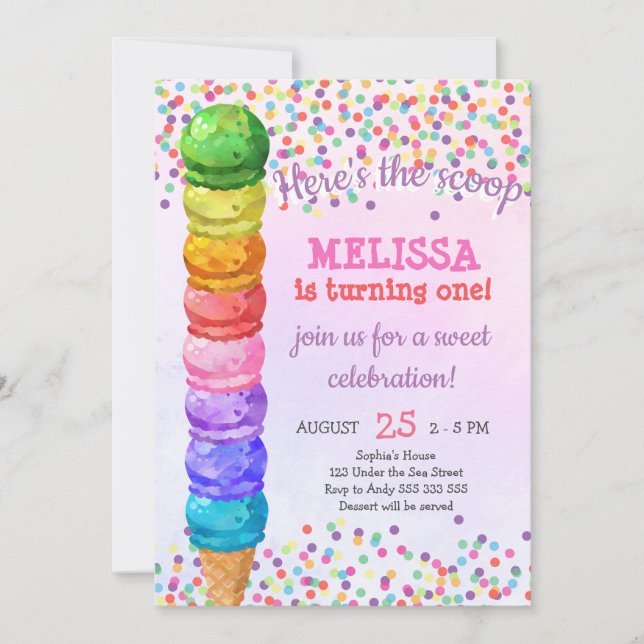 Rainbow Here's The Scoop Ice Cream Girl Birthday Invitation (Front)