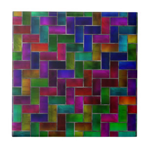 Rainbow Herringbone Brick Stained Glass Window Tile